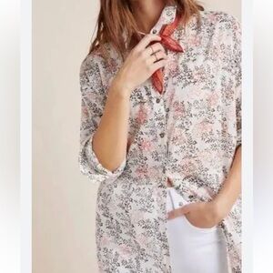 Anthropologie Enchanted Oversized Cotton Cream Floral Button Up Shirt-XS/S